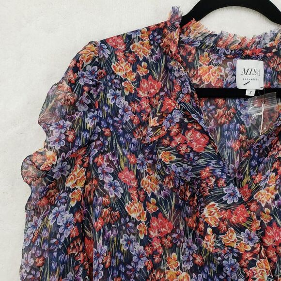 MISA Los Angeles Dress Womens Small Navy Floral Ruffle Long Sleeve Boho Mini USA - Picture 5 of 14